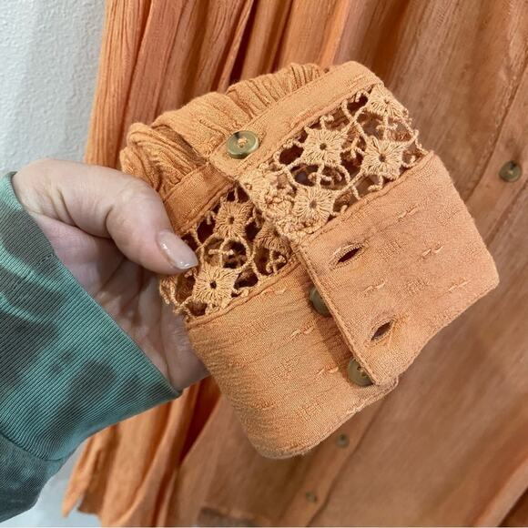 Free People “The Best” Crochet Button Down Blouse in Orange Size Small - Picture 5 of 8